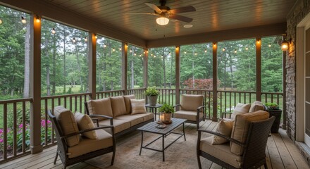 Cozy Screened Porch with Comfortable Seating and String Lights