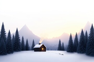 Fototapeta premium Snowy landscape features cozy cabin, surrounded by tall fir tree