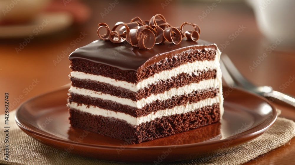 Poster A delicious slice of chocolate cake with layers visible, topped with glossy chocolate frosting and decorative chocolate curls on a rustic plate