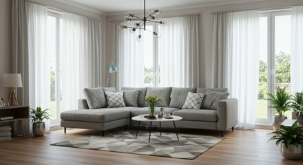 Fototapeta premium Bright Contemporary Living Room with Grey Sectional & Natural Light