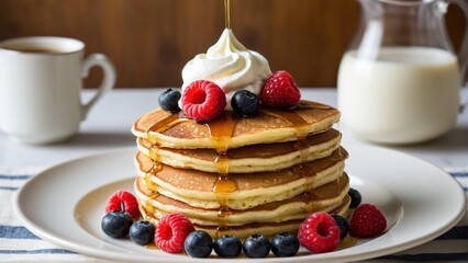 A Decadent Stack of Golden Pancakes: Drizzled with Syrup, Topped with Whipped Cream and Fresh Berries, Served with Coffee and Milk.