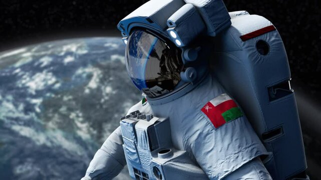 Omen Astronaut with arm patch flag floating through space. Space program. Spaceman. Earth in background. The country showing national pride. 