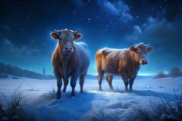 Two Cows in Snowy Night Landscape - Winter Farm Animals Stock Photo