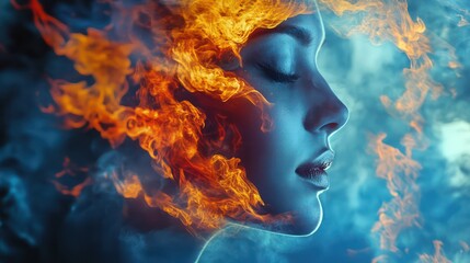 Emotional portrait flames ice contrast art