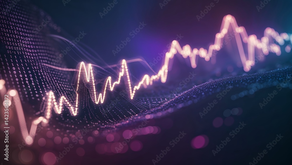 Poster dynamic data visualization showcasing fluctuating trends in technology metrics during late evening h