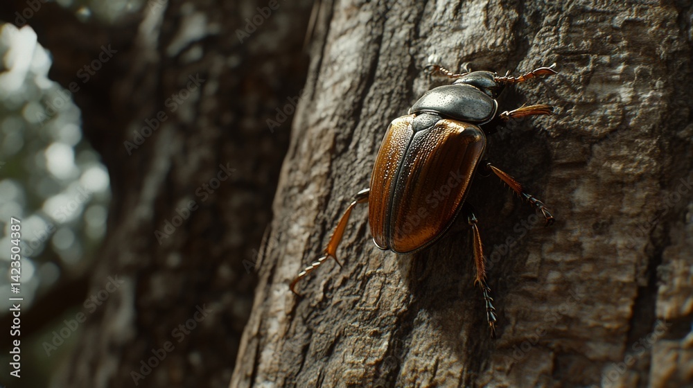 Aufkleber A detailed view of a beetle crawling on a tree bark, highlighting its shiny shell and the rough texture of the wood in the background