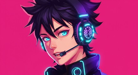 Obraz premium ヘッドセットを着けて微笑む若い男性, 明るいピンクの背景にゲーム配信のコンセプトとコピースペース付き