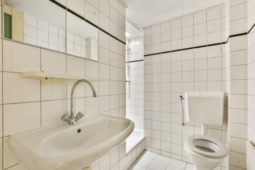 Clean and minimalistic modern bathroom featuring tiled walls, a shower area, a sink, and a toilet in bright lighting.