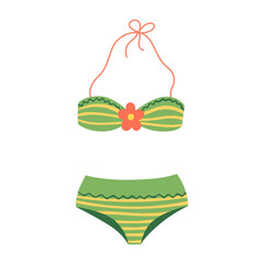 Striped swimsuit. Striped yellow green women's swimsuit. Summer female beachwear for vacation, sea, resort, and pool. Summer holidays ladies clothes. Flat vector illustration.