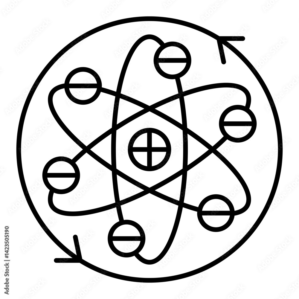 Poster atom core with elliptical orbits of elements thin line icon, physics concept. vector graphics. atom 