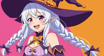 ハロウィーンの魔女の衣装を着た幸せな女の子, 漫画のスタイル