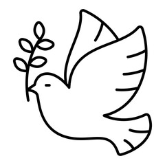 Pigeon bird with leaves thin line icon, easter holiday concept. Vector graphics. Dove and willow branch, animal sign on white background, linear style for mobile or design.
