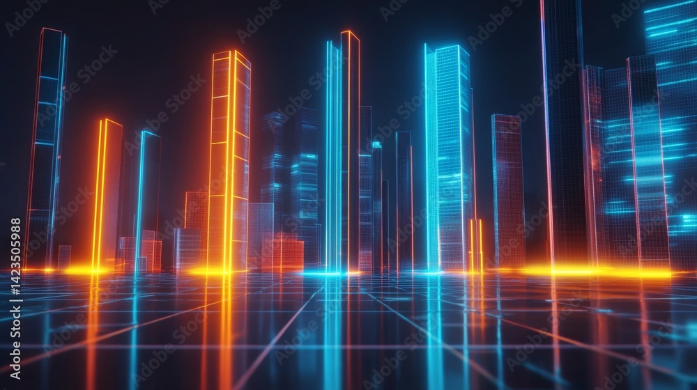 Poster a dynamic bar graph with tall, shiny bars in blue and orange, standing on a reflective grid, symboli