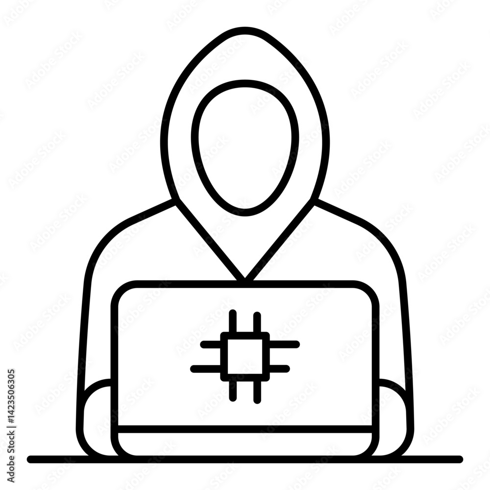 Poster hacker working at laptop thin line icon, hacker attacks concept. vector graphics. anonymous man with