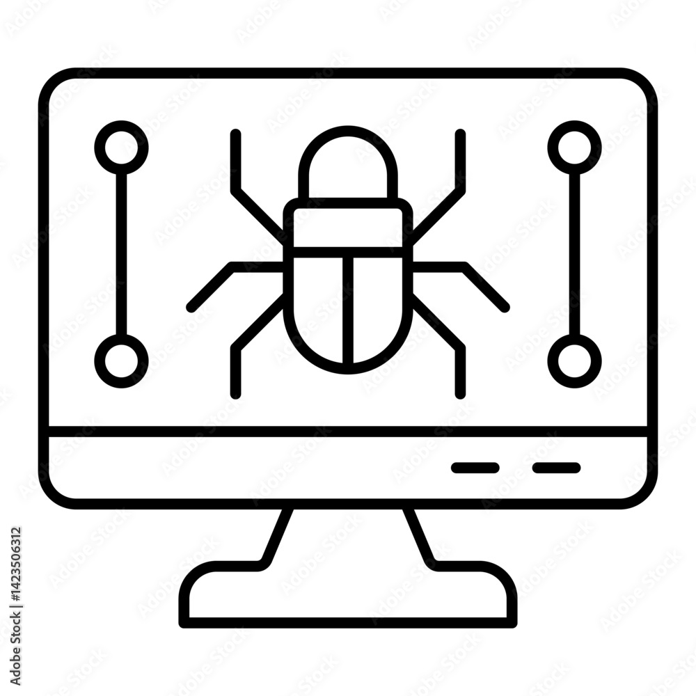 Poster monitor screen and bug thin line icon, hacker attacks concept. vector graphics. display with bug, co