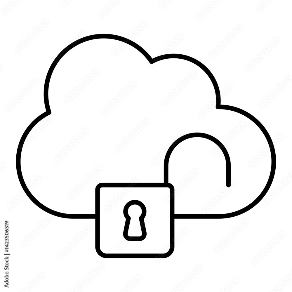 Poster unsecure cloud storage thin line icon, hacker attacks concept. vector graphics. cloud with unlocked 
