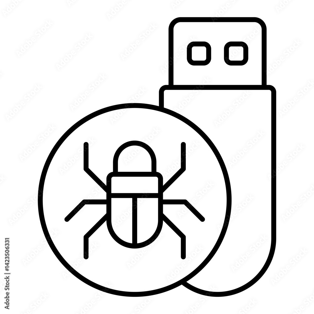 Poster flash drive with bug thin line icon, hacker attacks concept. vector graphics. hacker exploit, virus 