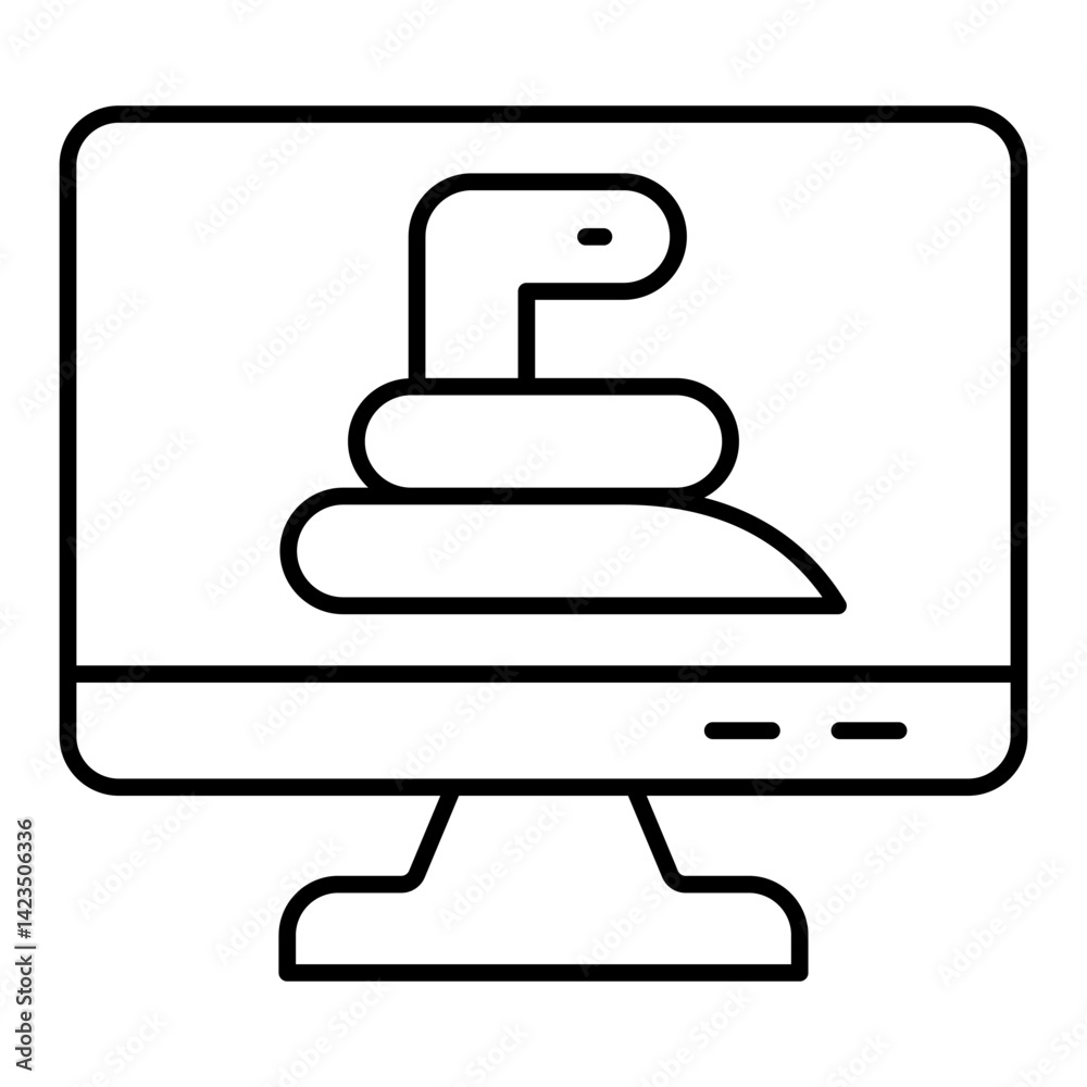 Poster monitor screen and snake thin line icon, hacker attacks concept. vector graphics. display with worm,