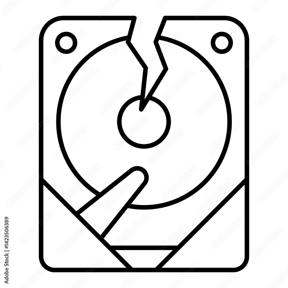 Poster hard disk drive breakdown thin line icon, hacker attacks concept. vector graphics. data loss, broken