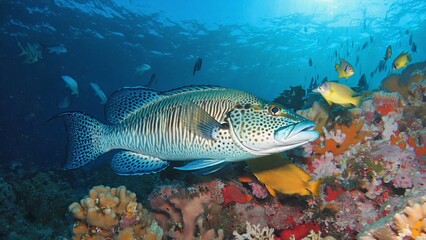 Colorful aquatic life in coral reef environment.