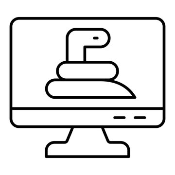Monitor screen and snake thin line icon, hacker attacks concept. Vector graphics. Display with worm, virus sign on white background, linear style for mobile or design.