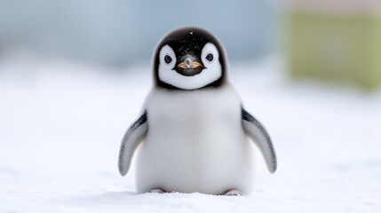 Fototapeta premium Adorable baby penguin in snowy landscape
