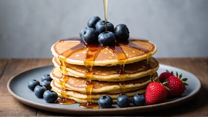 Golden Cascade: Maple Syrup Drizzling Over a Stack of Fluffy Pancakes Adorned with Fresh Blueberries and Strawberries.