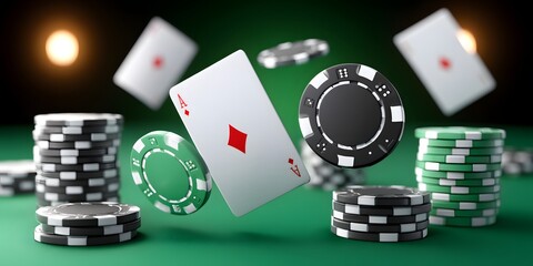 An impressive display of casino elements featuring playing cards and poker chips, creating a vibrant scene filled with excitement and anticipation for game night.