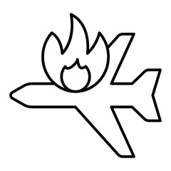 Aircraft flight crash thin line icon, insurance concept. Vector graphics. Fire in airplane, danger sign on white background, linear style for mobile or design.