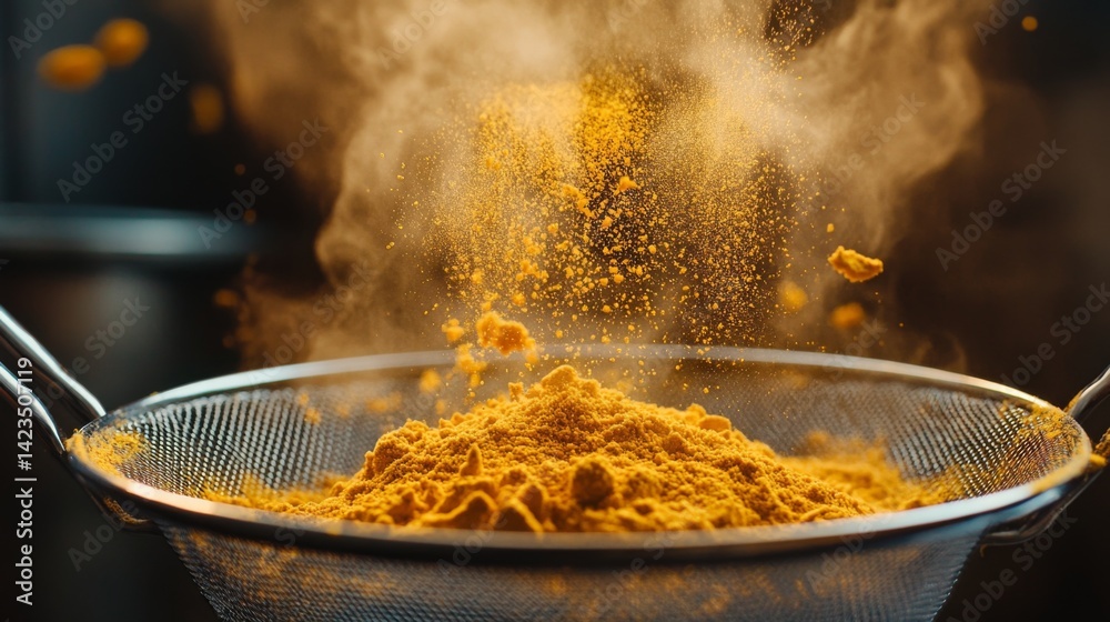 Poster a dynamic shot of turmeric powder being sifted through a fine mesh strainer, with a cloud of yellow 