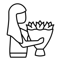 Mother with gift tulip flowers thin line icon, mother day concept. Vector graphics. Woman and flower bouquet, gift sign on white background, linear style for mobile or design.