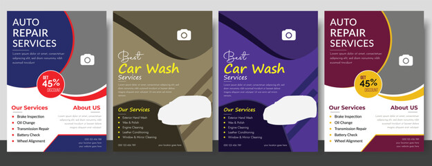 Modern Car Wash Flyer  Auto Detailing, Car Rental, Service Price List and Poster Templates. Car wash flyer and banner template bundle. Car Wash Service Post Template Flat Design Illustration.