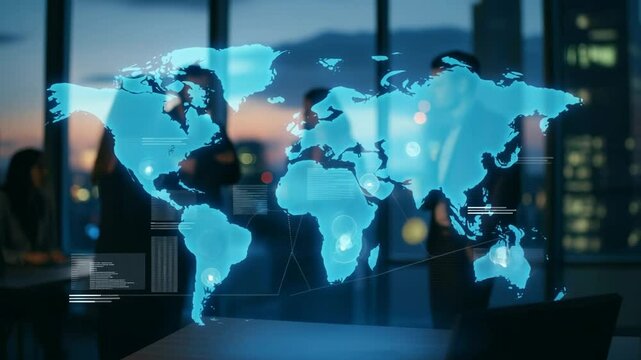 Ethereal blue world map hologram unifying global team in twilight boardroom