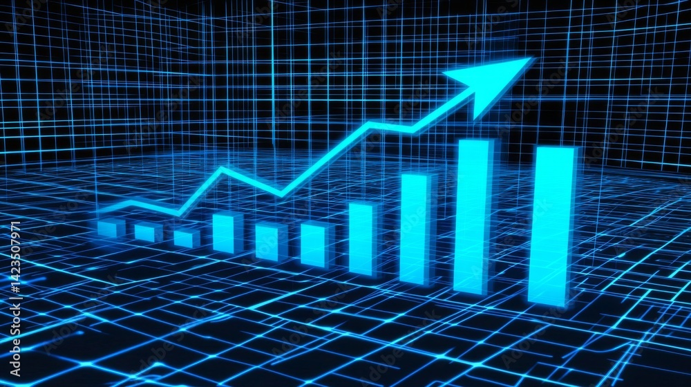 Poster A futuristic D bar chart with tall, glowing columns and an upward trending arrow, hovering over a dark digital background filled with grid patterns