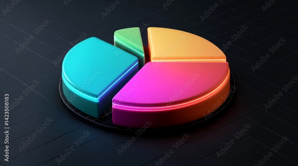 Aufkleber a futuristic d pie chart with floating segments, each glowing with neon lights, set against a dark g