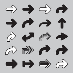 A vector set of black arrow icons presents various cursor symbols for web design and interface elements, illustrating different directions.