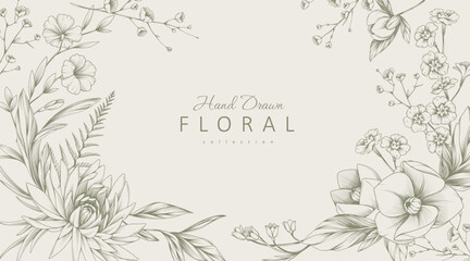 Background with detailed various flowers and foliage, intricate details and delicate forms. Hand drawn vector illustration with elegant botanical elements for invitation, save the date card