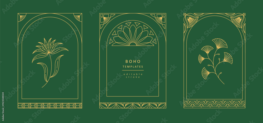 Fototapete Frame or cover of boho geometric design elements. Simple corner, wreath and seamless borders for book covers print, social media and packaging or wedding greeting card. Vector illustration
