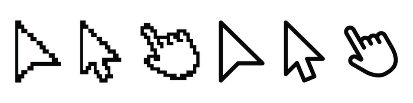 Computer mouse cursor icons. Cursors containing pointer, arrow and hand symbol with pixelated form. Transparent vector illustration.