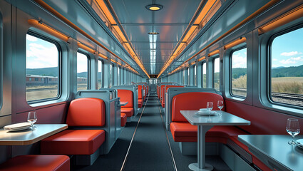 Modern train restaurant car moving through scenic landscape