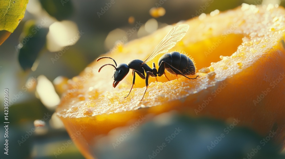 Poster a high-quality image of an ant exploring a piece of fruit, with close-up detail of its antennae and 