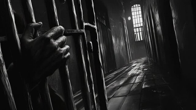 Monochrome depiction of a jail cell, a grim and evocative scene behind bars