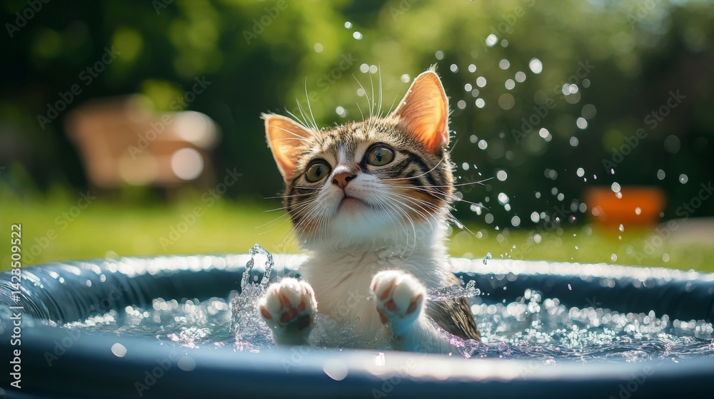 Poster A high-quality image of a cat sitting in a small splash pool, with its paws dipped in the water and a content expression, surrounded by a summer backyard setting.