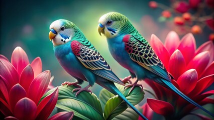 Surreal Budgie Portraits: Blue & Green Parakeets on Red Petals