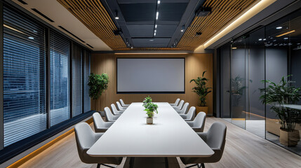 Modern conference room with large table and plants, ideal for meetings