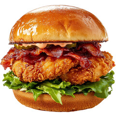 Crispy chicken burger with bacon and pickles delicious food photography for restaurant and menu ads design on transparent background