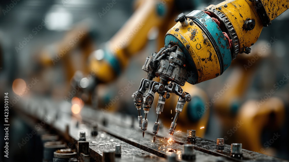 Poster robotic arm with intricate mechanical fingers works on assembly line, showcasing advanced technology in factory setting. Sparks fly as it performs precise tasks efficiently