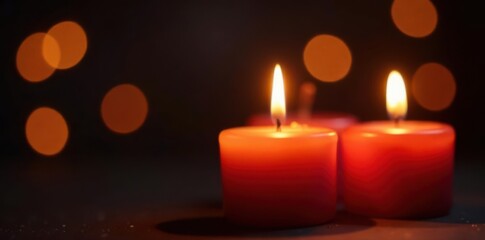 Close-up three burning candles, abstract black background, festive blurry lights , candles, fire