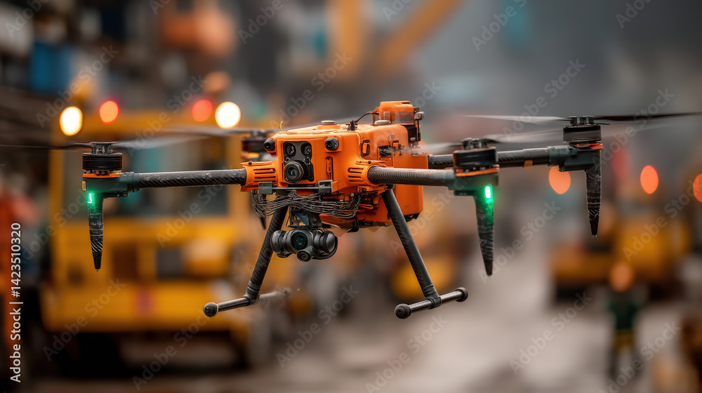 Poster orange drone equipped with cameras and sensors hovers in industrial setting, performing autonomous i
