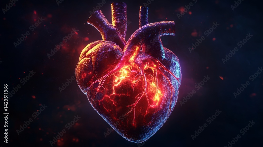 Poster a highly detailed d rendering of a human heart with visible arteries and veins, set against a dark b